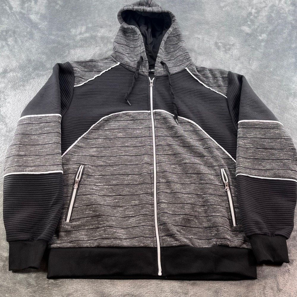 North Pole and More Mens Grey Black Striped Full Zip Ribbed Fleece Hoodie Large
